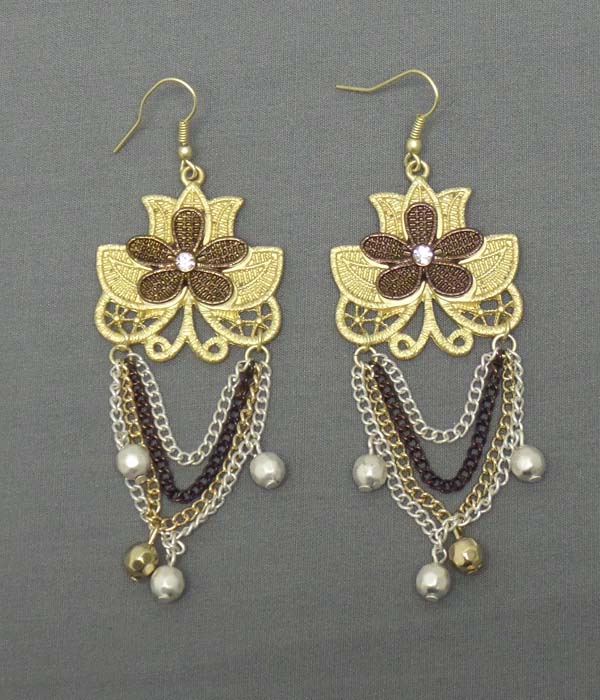 CRYSTAL CENTER FLOWER AND CHAIN AND BALL DROP EARRING