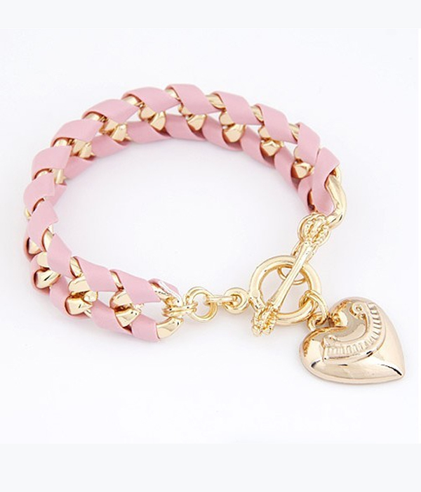 PUFFY HEART CHARM BRAIDED LEATHER METAL CHAIN TOGGLE BRACELET
