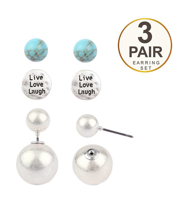 METALIC BALL AND MESSAGE DOUBLE SIDED FRONT AND BACK 3 PAIR EARRING SET
