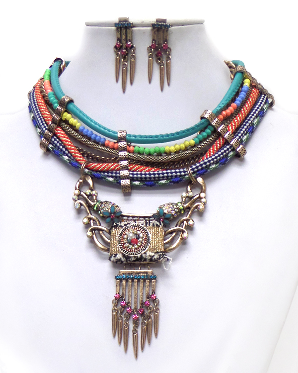MULTI LAYER DESIGN WITH TEXTURED METAL DROP STATEMENT NECKLACE SET