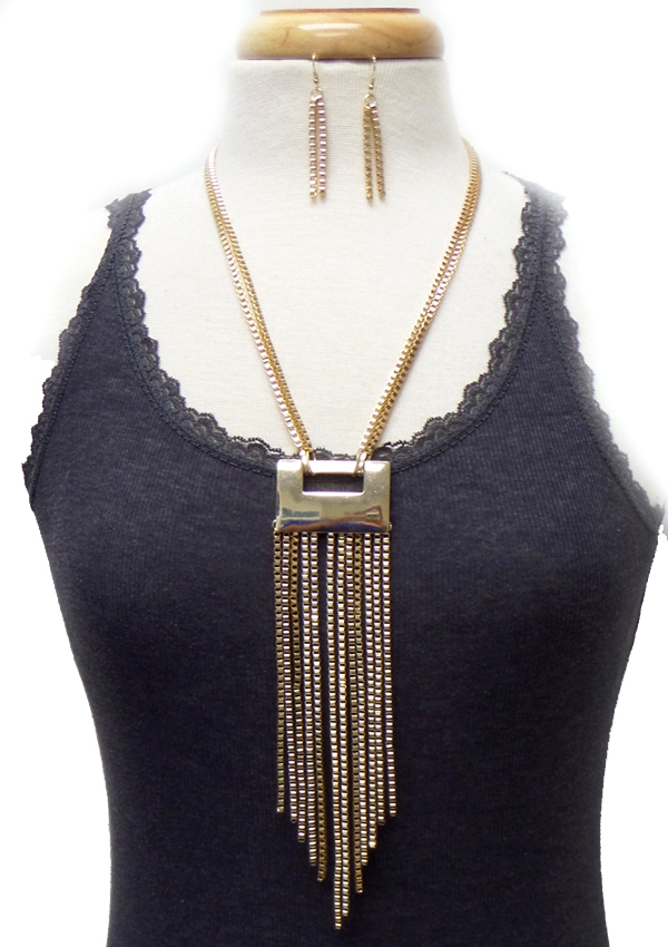 TWO LAYER METAL TASSEL DROP NECKLACE SET 