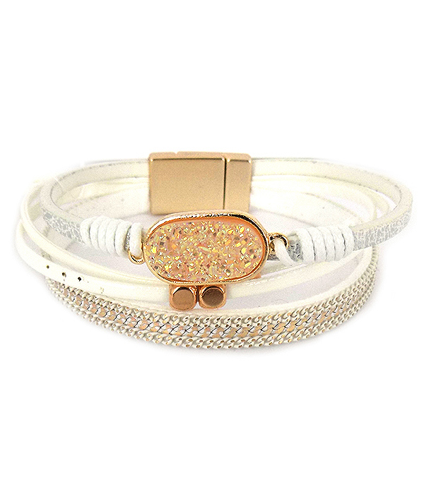OVAL DRUZY AND MULTI LAYER LEATHERETTE MAGNETIC BRACELET