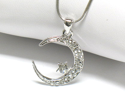 MADE IN KOREA WHITEGOLD PLATING CRYSTAL CRESCENT AND STAR PENDANT NECKLACE