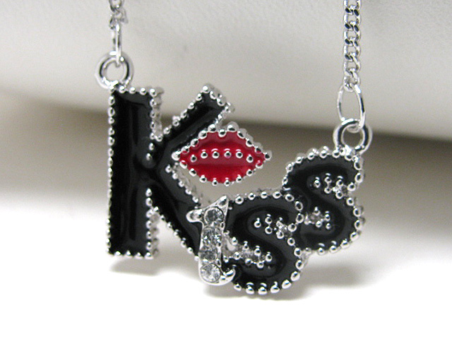 MADE IN KOREA WHITEGOLD PLATING CRYSTAL AND EPOXY KISS CHAIN TIED NECKLACE -valentine