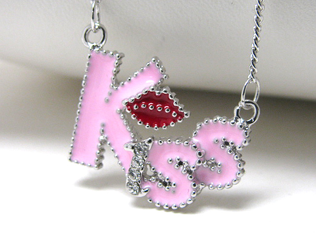 MADE IN KOREA WHITEGOLD PLATING CRYSTAL AND EPOXY KISS CHAIN TIED NECKLACE -valentine