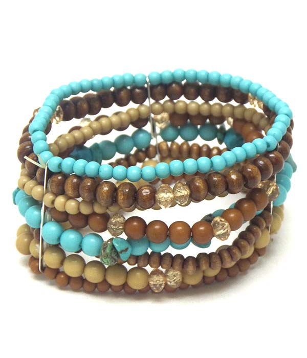 TURQUOISE AND WOOD BALL BEAD MULTI STRETCH BRACELET