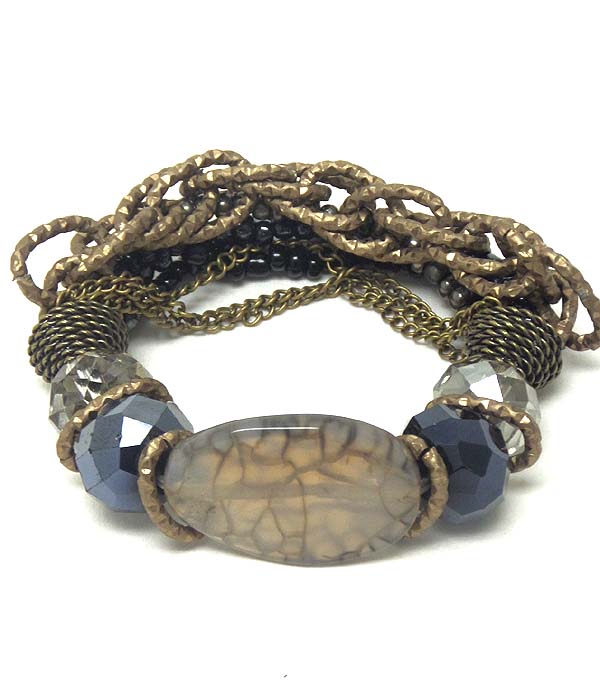 NATURAL STONE AND MULTI CHAIN MIX STRETCH BRACELET
