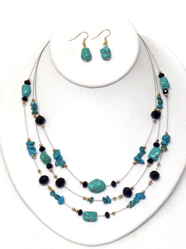 MULTI TURQUOISE AND ACRYLIC BALL BEAD 3 LAYER ILLUTION NECKLACE EARRING SET