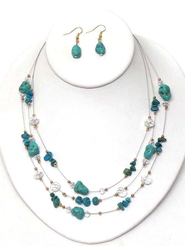 MULTI TURQUOISE AND ACRYLIC BALL BEAD 3 LAYER ILLUTION NECKLACE EARRING SET
