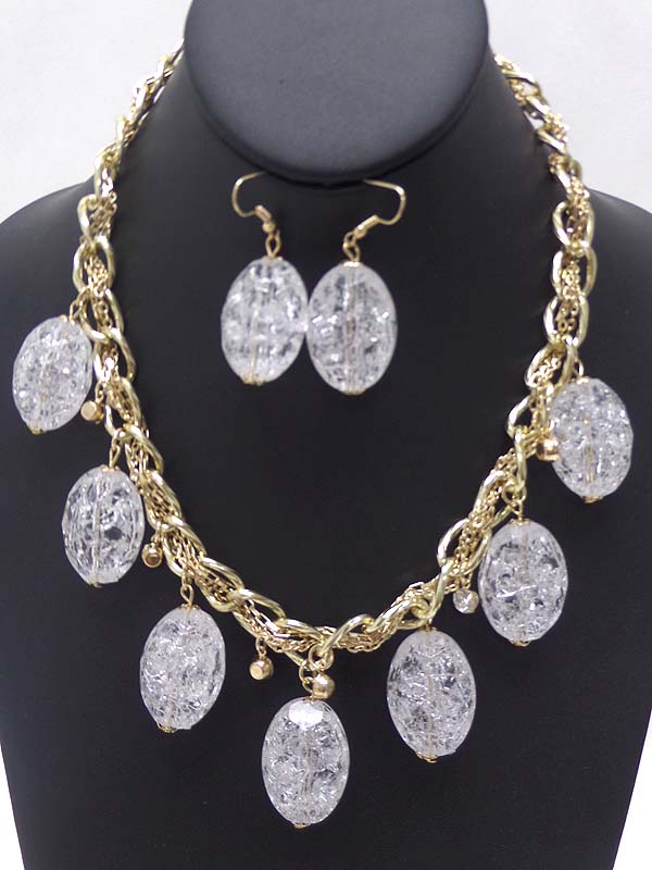 MULTI ICY OVAL STONE DANGLE ON MIX CHAIN NECKLACE EARRING SET