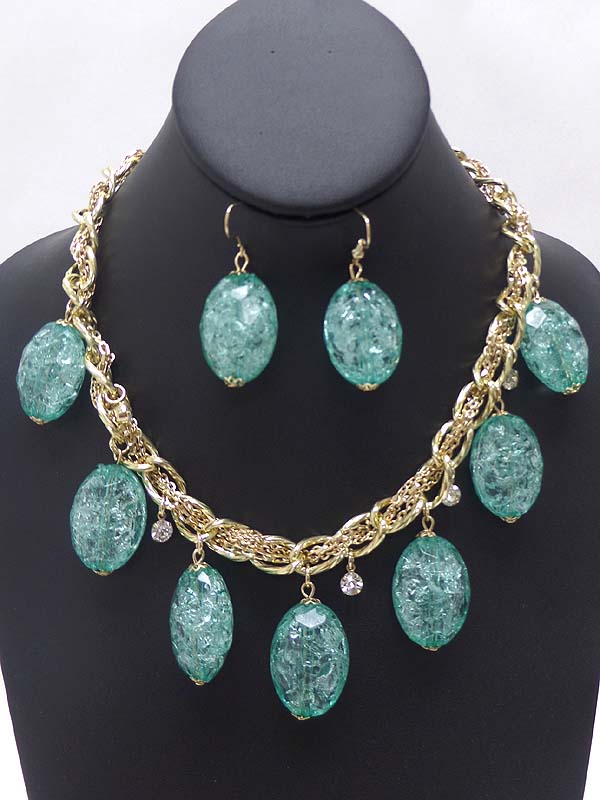 MULTI ICY OVAL STONE DANGLE ON MIX CHAIN NECKLACE EARRING SET