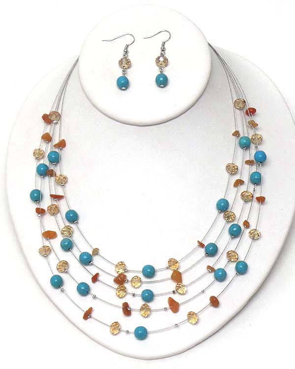 MULTI TURQUOISE BALL AND FAUX STONE BEAD 5 LAYER WIRE ILLUSION NECKLACE EARRING SET