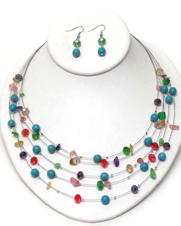 MULTI TURQUOISE BALL AND FAUX STONE BEAD 5 LAYER WIRE ILLUSION NECKLACE EARRING SET