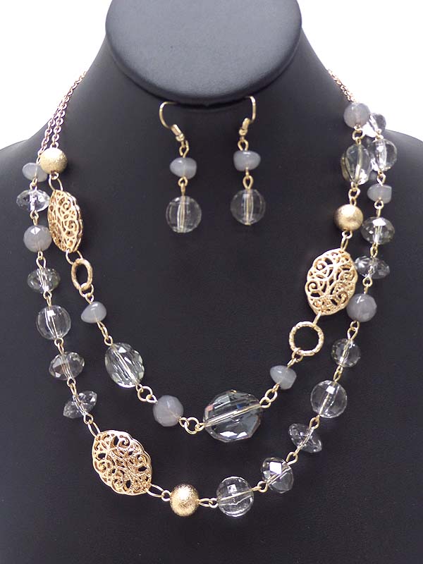 METAL FILIGREE AND MULTI FACET ACRYLIC BALL 2 LAYER NECKLACE EARRING SET