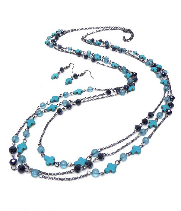 3 LAYER MULTI TURQUOISE CROSS AND BALL BEAD LONG NECKLACE EARRING SET