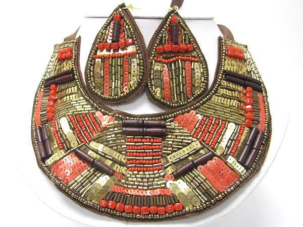 ACRYL BEADS AND SEQUINS DECO BIB STYLE FABRIC NECKLACE EARRING SET