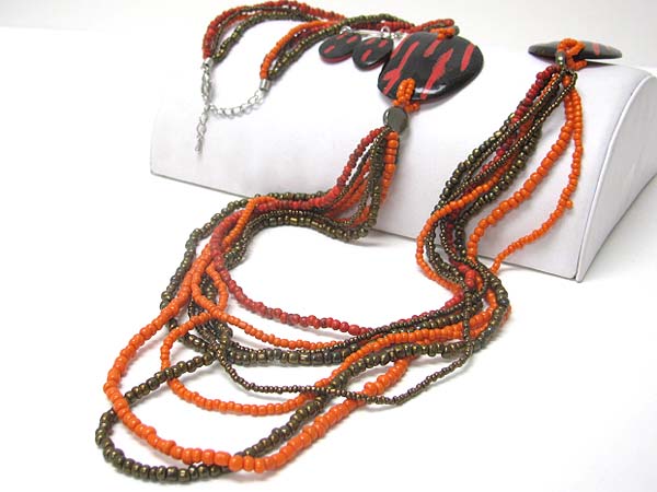 RESIN AND METALLIC SEED BEADS LONG NECKLACE EARRING SET