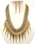 THREE CONETTED CHAIN AND YARN DROP MULTI SPIKE DANGLE NECKLACE EARRING SET