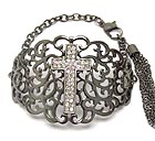 CRYSTAL CROSS AND CURVED METAL FILIGREE BRACELET