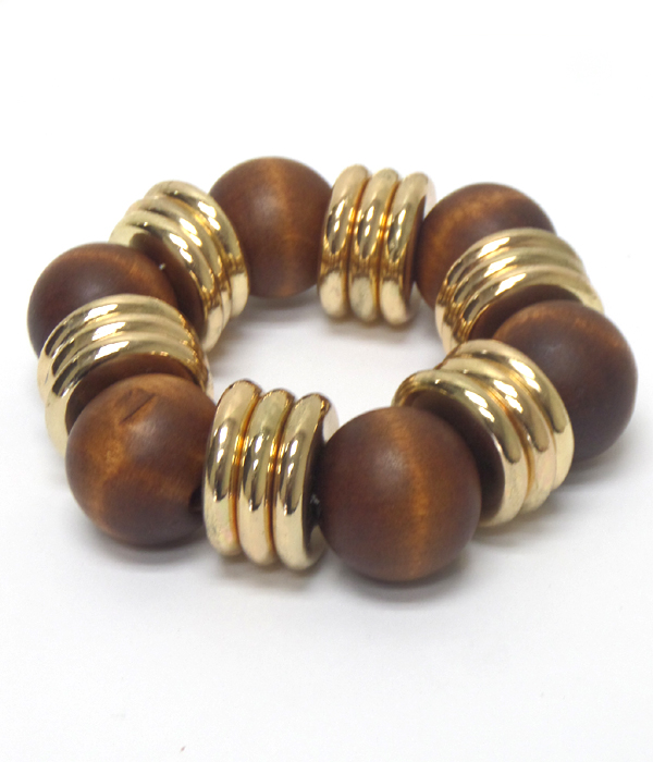 WOOD TYPE BEADS WITH LINKED RINGS BRACELET 
