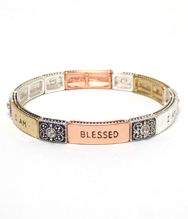 RELIGIOUS THEME CRYSTAL AND FILIGREE ON SIDE STRETCH MESSAGE BRACELET - I AM BLESSED