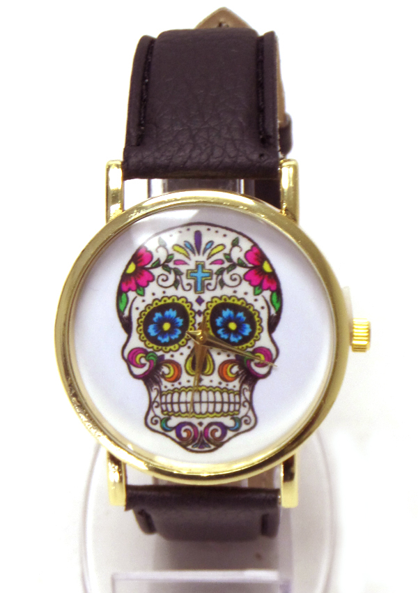 SUGAR SKULL FACE LEATHER BAND WATCH
