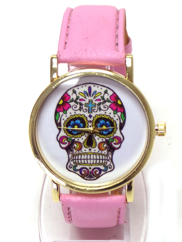 SUGAR SKULL FACE LEATHER BAND WATCH