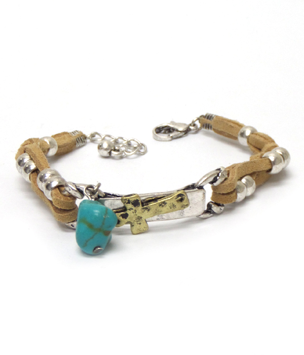 TURQUOISE AND CROSS LEATHERETTE BRACELET