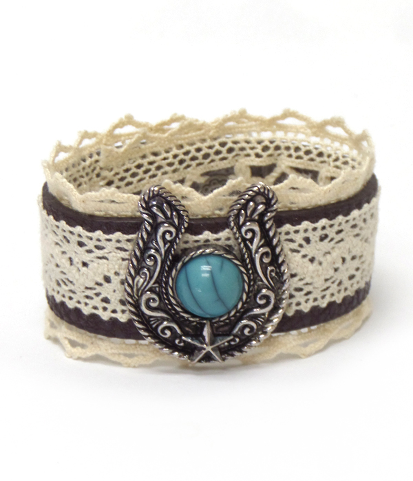 TURQUOISE IN HORSESHOW AND LACE ON LEATHERETTE BUTTON BRACELET