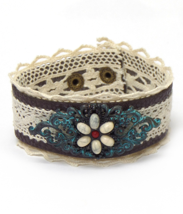 METAL FILIGREE AND STONE FLOWER AND LACE ON LEATHERETTE BUTTON BRACELET