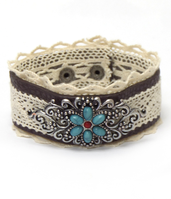 METAL FILIGREE AND STONE FLOWER AND LACE ON LEATHERETTE BUTTON BRACELET