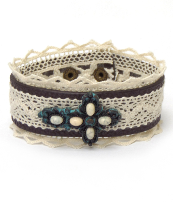 METAL CROSS STONE AND LACE ON LEATHERETTE BUTTON BRACELET
