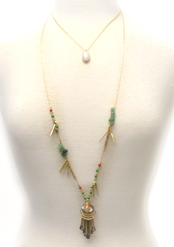 SEMI PRECIOUS STONE AND TURQUOISE AND METAL BAR DROP LONG NECKLACE