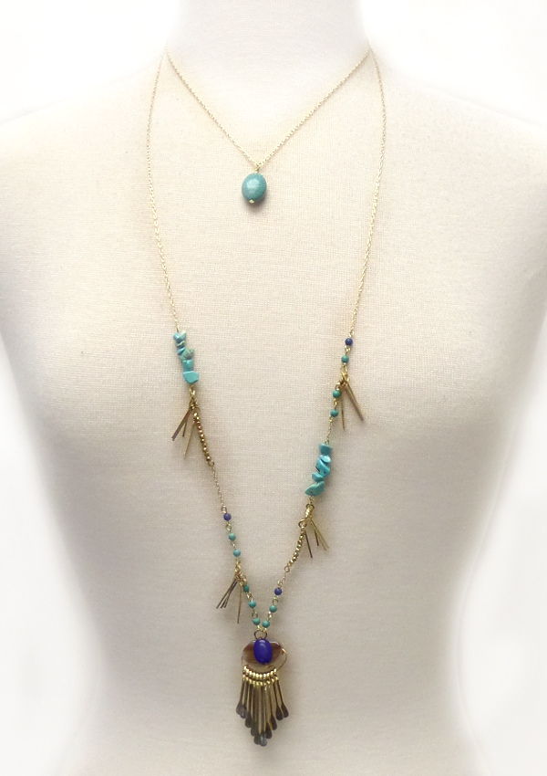 SEMI PRECIOUS STONE AND TURQUOISE AND METAL BAR DROP LONG NECKLACE