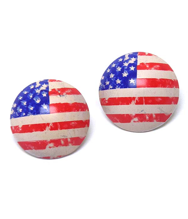 PREMIER ELECTRO PLATING VINTAGE AMERICAN FLAG ON PUFFY BUTTON EARRING
