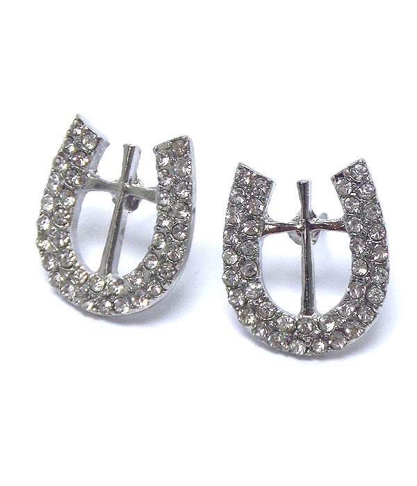 PREMIER ELECTRO PLATING CRYSTAL HORSE SHOE AND CROSS EARRING