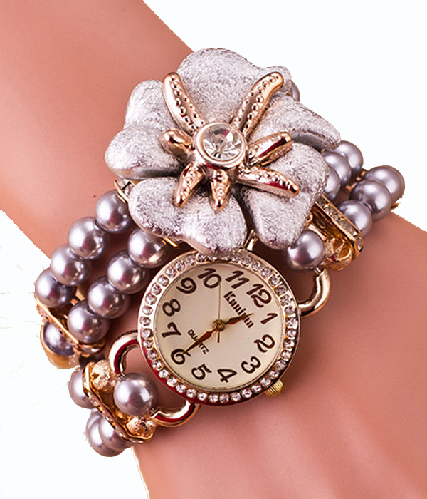 CRYSTAL FLOWER ACCENT PEARL WRAPPED WATCH