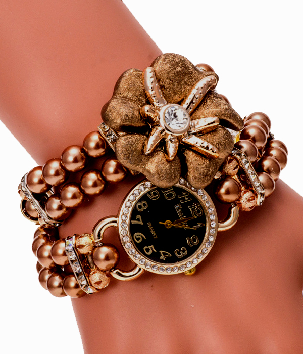 CRYSTAL FLOWER ACCENT PEARL WRAPPED WATCH