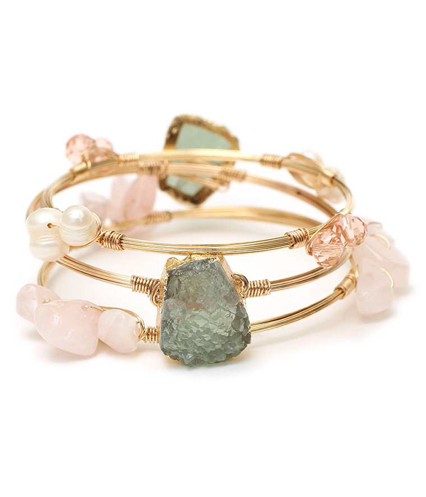 HANDMADE DRUZY SIDE GOLD PLATED AND PEARL MIX WIRE WRAP BRACELET SET OF 3