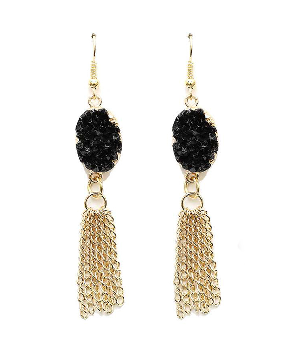HANDMADE NATURAL SHAPE DRUZY SIDE GOLD PLATED AND TASSEL DROP EARRING