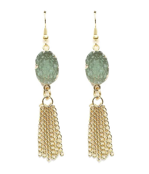 HANDMADE NATURAL SHAPE DRUZY SIDE GOLD PLATED AND TASSEL DROP EARRING