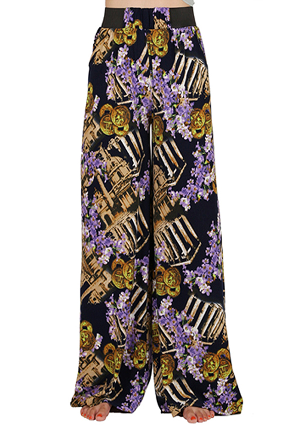 FLOWER AND ANCIENT ARCHITECTURE PRINT PALAZZO PANTS - 65% POLY 35% COTTON