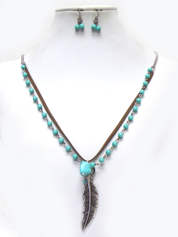 METAL FEATHER LEATHERETTE AND TURQUOISE NECKLACE SET