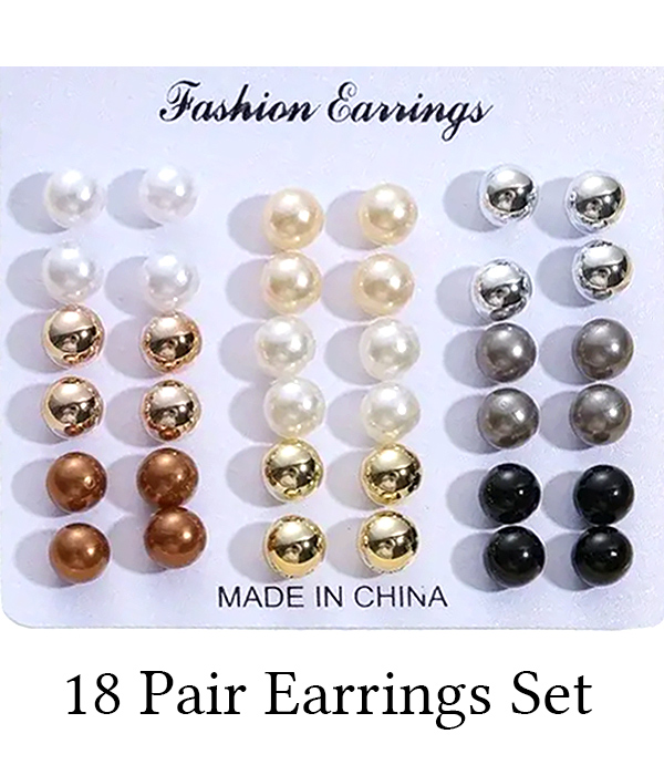 VALUE PACK -18 PAIR METAL BALL AND PEARL MIX EARRING SET