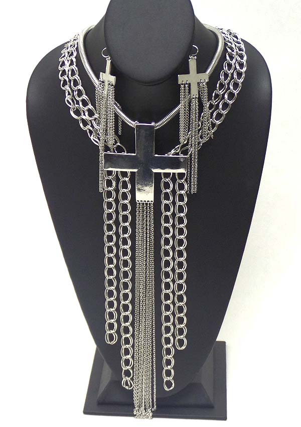 METAL CROSS AND MULTI THICK CHAIN DROP NECKLACE EARRING SET