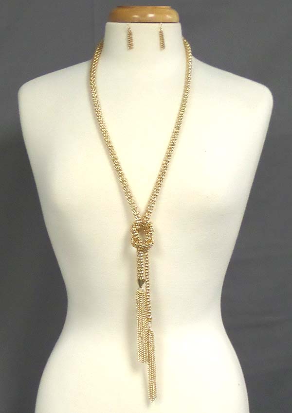 SNAKE CHAIN KNOT AND METAL TASSEL DROP LONG NECKLACE EARRING SET