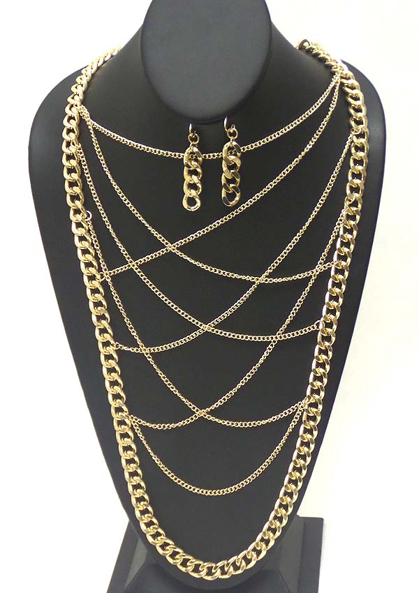 THICK CHAIN AND MULTI FINE CHAIN CROSS OVER LONG NECKLACE EARRING SET