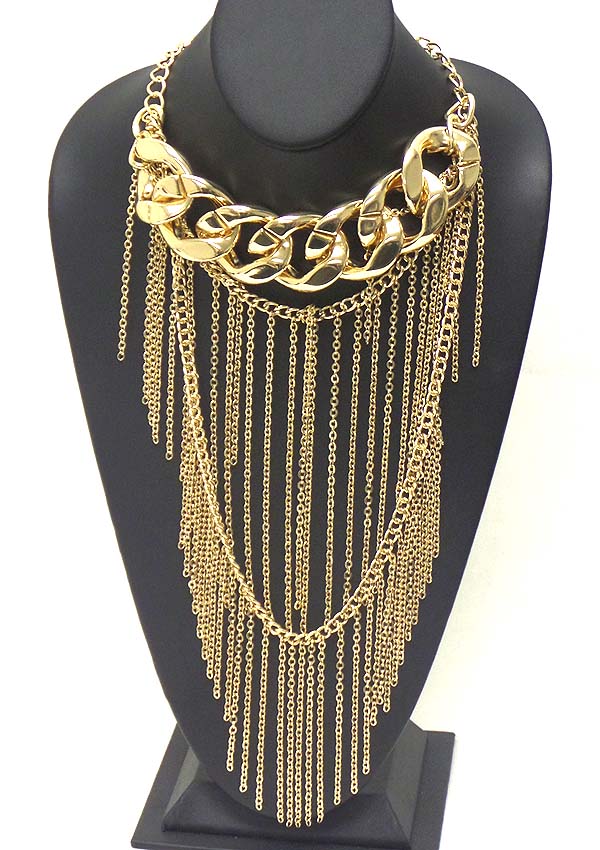 THICK CHAIN AND MULTI FINE CHAIN DROP NECKLACE EARRING SET