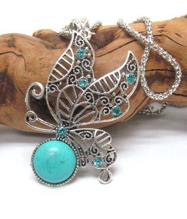 VINTAGE TIBETAN SILVER AND TURQUOISE BUTTERFLY NECKLACE