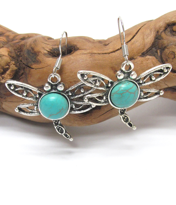 VINTAGE TIBETAN SILVER AND TURQUOISE DRAGONFLY EARRING